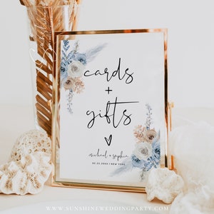 Plantilla de letrero con tarjetas y obsequios, boda en color champán azul polvoriento, letrero con tarjetas y obsequios, boda boho, letreros imprimibles, plantilla editable, F23