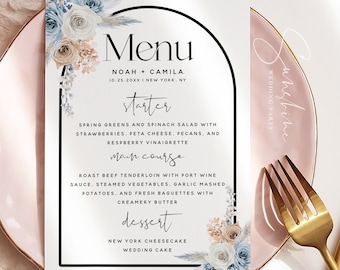 Wedding Menu Template, Dusty Blue Champagne, Wedding Menu Cards, Editable Menu Card Template, Boho Wedding, Menu Card, Instant Download, F23