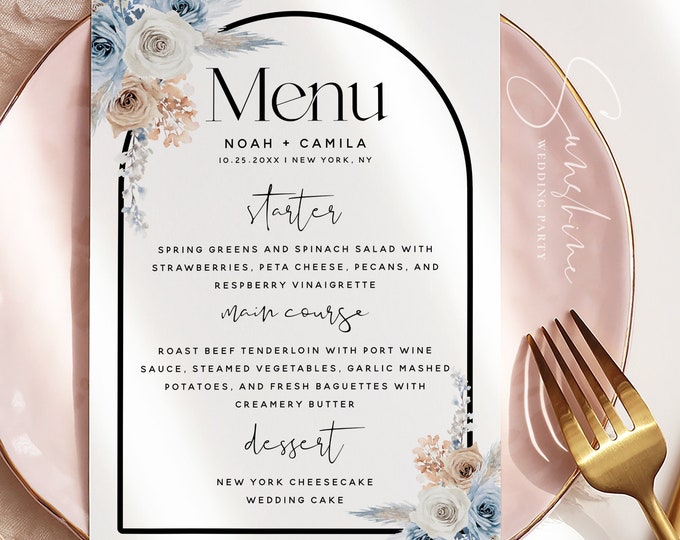 Wedding Menu Template, Dusty Blue Champagne, Wedding Menu Cards, Editable Menu Card Template, Boho Wedding, Menu Card, Instant Download, F23