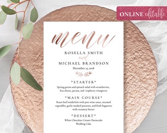 Rose Gold Foil Wedding Menu Template Printable Fashion Script Font Wedding Menu Template 5x7 Online Editable Instant Digital Download
