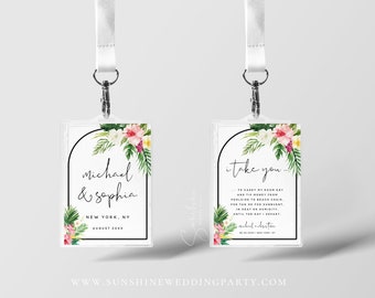 Hawaiian Wedding Room Key Card Tag Template, Printable Keycard Note, Destination Wedding, Tropical Greenery Wedding, Instant Download, H1