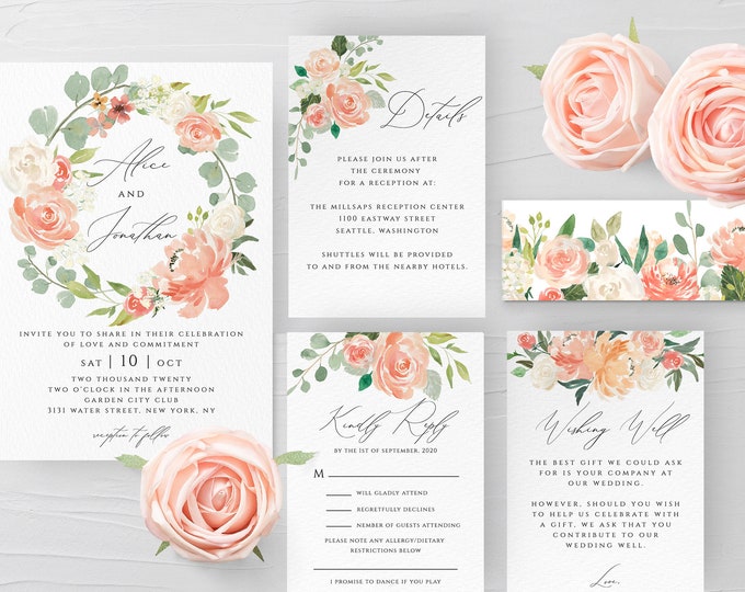 Peach Floral Wedding Invitation Template Printable Editable Wedding Invitation Suite Template Kit Templett Wedding Invitation Template F1
