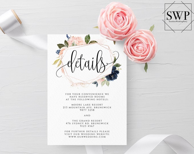 Navy & Blush Wedding Details Card Template DIY Editable Printable Wedding Information Card Wedding Accommodations Card Template Templett F6