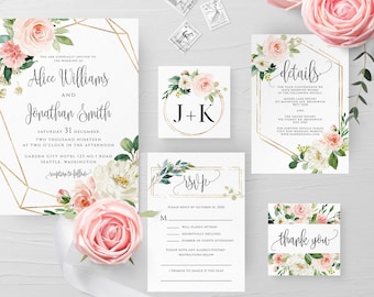 Wedding Invitation Template Printable Wedding Invitation Suite Blush Flower Wedding Invitation Set Editable White Floral Wedding Templett F5