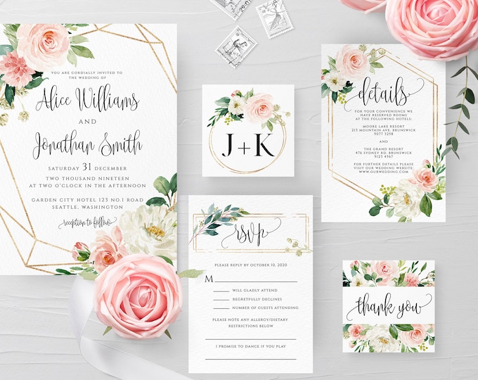 Wedding Invitation Template Printable Wedding Invitation Suite Blush Flower Wedding Invitation Set Editable White Floral Wedding Templett F5