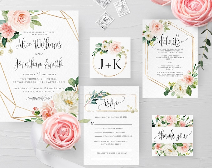 Wedding Invitation Template Printable Wedding Invitation Suite Blush Flower Wedding Invitation Set Editable White Floral Wedding Templett F5