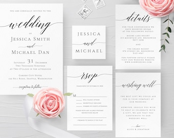 Modern Wedding Invitation Set, Calligraphy, Simple, Minimalist, Clean, RSVP, Details, Editable Template, Instant Download, Templett, R2