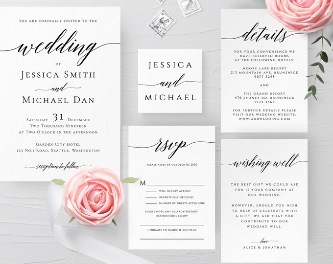 Modern Wedding Invitation Set, Calligraphy, Simple, Minimalist, Clean, RSVP, Details, Editable Template, Instant Download, Templett, R2