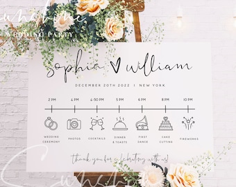 Plantilla de signo de itinerario de boda, plantilla de signo de línea de tiempo minimalista, plantilla de signo de orden de eventos de boda, descarga instantánea, Templett, M8