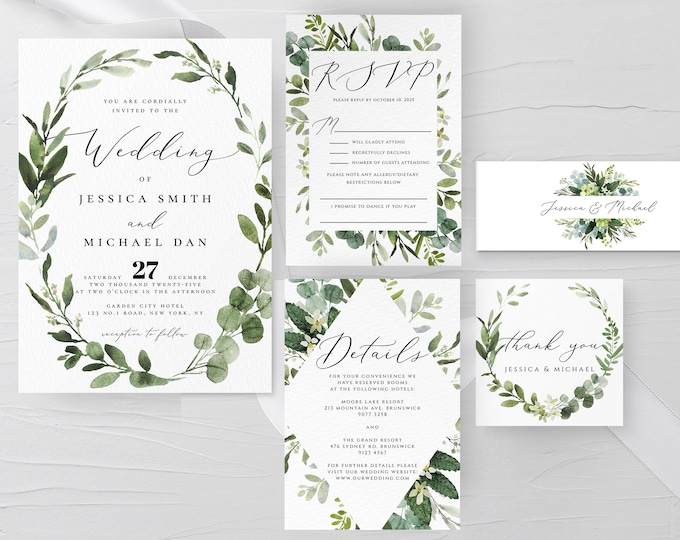 Greenery Wedding Invitation Suite Template, Eucalyptus Wedding Invitation Kit, Printable Invitation, Editable Invite, Instant Download, G3