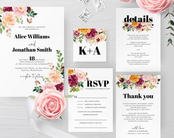 Burnt Orange Wedding Invitation Suite Template Floral Wedding Invite Kit Printable Editable Wedding Invitation INSTANT DOWNLOAD Templett F8