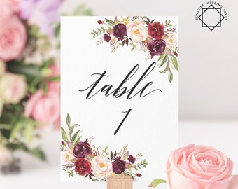 Red Floral Wedding Table Number Sign Template Printable Fully Editable Wedding Table Sign Template Script Font Digital Download JPEG PDF WF2