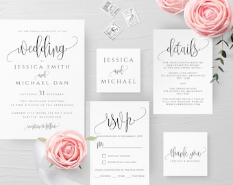 Modern Wedding Invitation Set, Calligraphy, Simple, Minimalist, Clean, RSVP, Details, Editable Template, Instant Download, Templett, R1