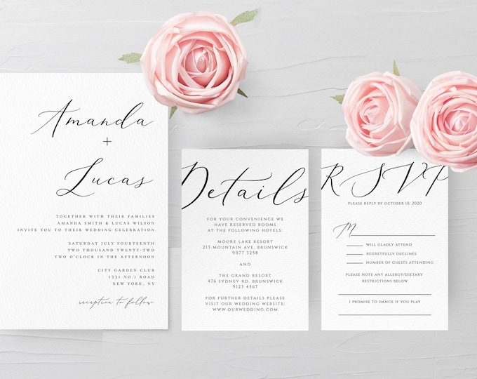 Modern Wedding Invitation Set, Calligraphy, Simple, Minimalist, Clean, RSVP, Details, Editable Template, Instant Download, Templett, R3