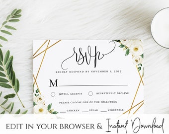 White Floral Greenery Foliage Wedding RSVP Template White Floral Wedding Invitation RSVP Printable White Floral Invitation RSVP Wedding