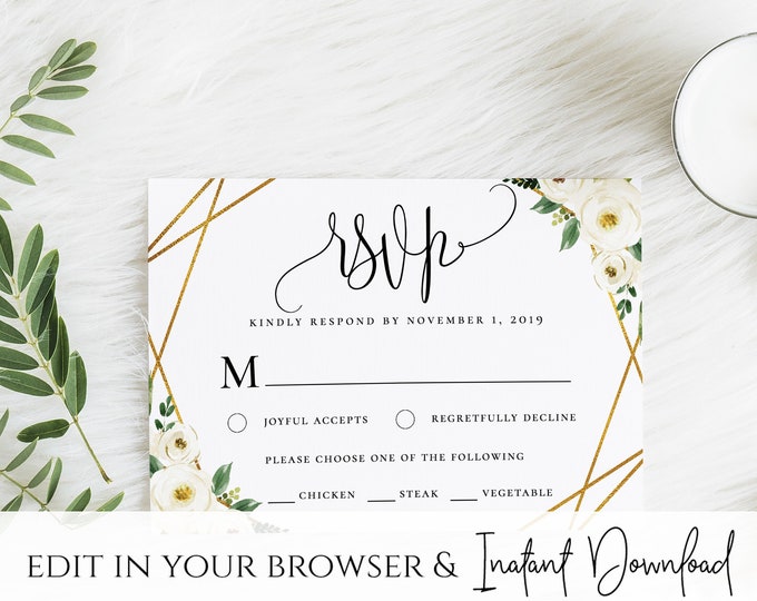 White Floral Greenery Foliage Wedding RSVP Template White Floral Wedding Invitation RSVP Printable White Floral Invitation RSVP Wedding