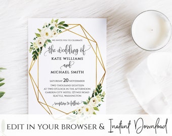 White Floral Greenery Foliage Wedding Invitation Template White Floral Wedding Invitation Printable White Floral Wedding Invitation Template