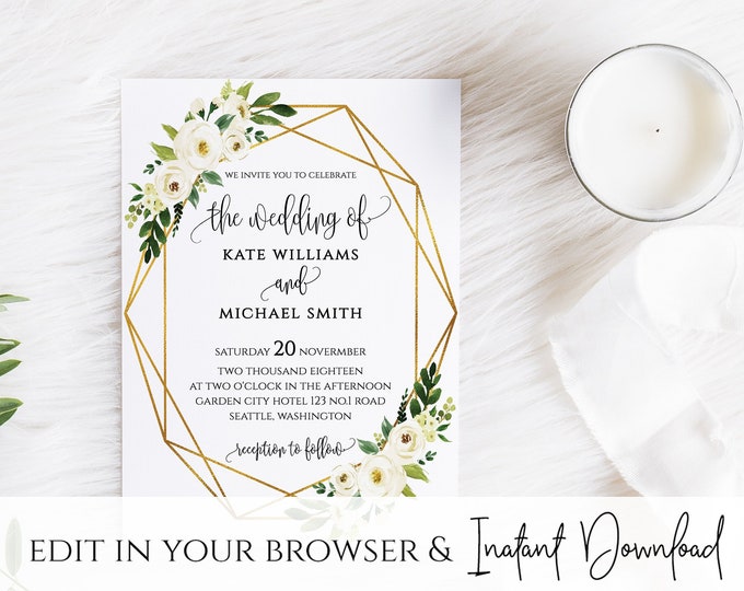 White Floral Greenery Foliage Wedding Invitation Template White Floral Wedding Invitation Printable White Floral Wedding Invitation Template