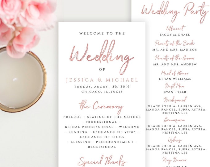 Rose Gold Wedding Program Template Printable Flat Program Template Printable Editable Wedding Program Rose Gold PDF JPEG Instant Download M1