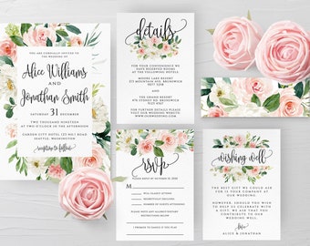 Blush White Floral Wedding Invitation Suite Template Printable Wedding Invitation Kit Template Editable Wedding Templett Instant Download F5