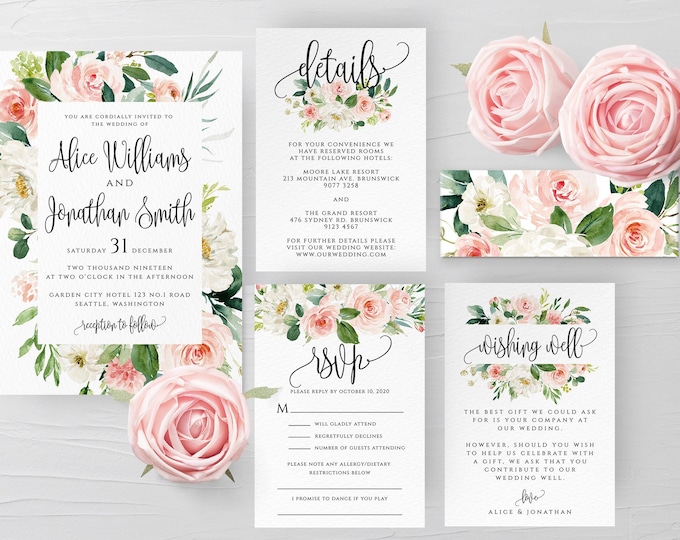 Blush White Floral Wedding Invitation Suite Template Printable Wedding Invitation Kit Template Editable Wedding Templett Instant Download F5