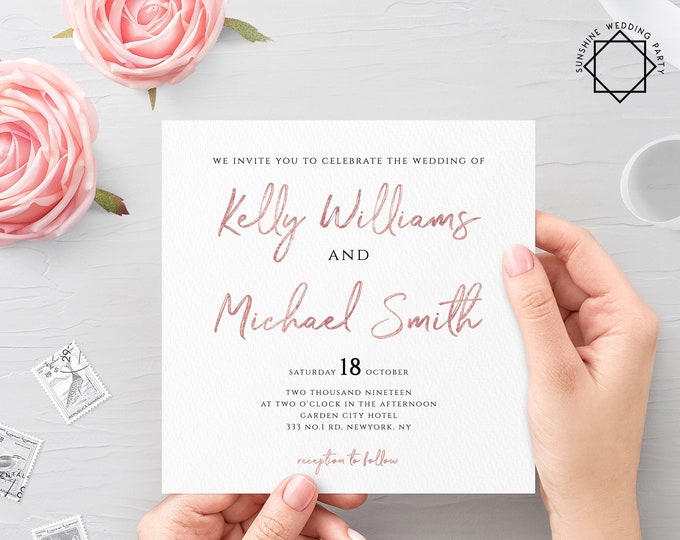 Rose Gold Wedding Invitation Template Printable Flat Wedding Invitation Template Printable Wedding Invitation Template Rose Gold PDF JPEG M1