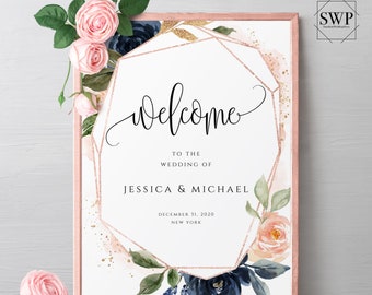 Navy Blush Floral Wedding Welcome Sign Printable Template Wedding Sign Editable Welcome Sign Welcome to our Wedding Template Templett F6