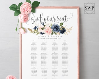 Navy & Blush Floral Alphabetical Seating Chart Wedding Seating Chart Template Printable Editable Seating Sign Wedding Seating Templett F6