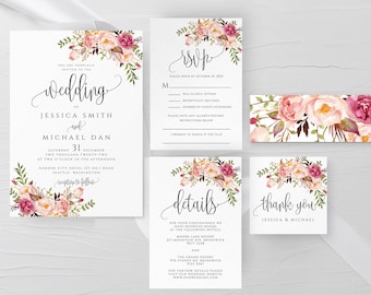 Marsala Wedding Invitation Suite Template, Floral Wedding Invitation Kit, Printable Invitation, Details, RSVP, Editable Instant download, F4