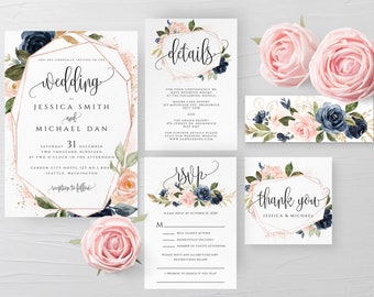 Navy & Blush Wedding Invitation Template Printable Editable Wedding Invitation Suite Template Templett Wedding Invitation Template Suite F6