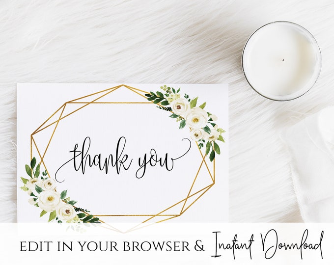 White Floral Greenery Foliage Thank You Card Template White Floral Wedding Thank You Card Printable White Floral Thank You Card Template