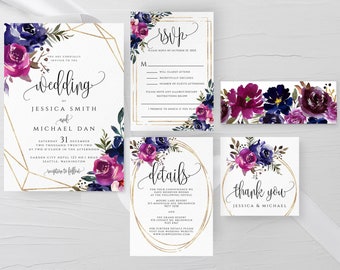 Blue & Purple Wedding Invitation Template Printable Editable Wedding Invitation Suite Template Templett Wedding Invitation Template Suite F9