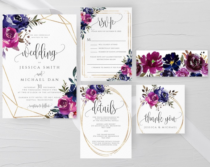 Blue & Purple Wedding Invitation Template Printable Editable Wedding Invitation Suite Template Templett Wedding Invitation Template Suite F9