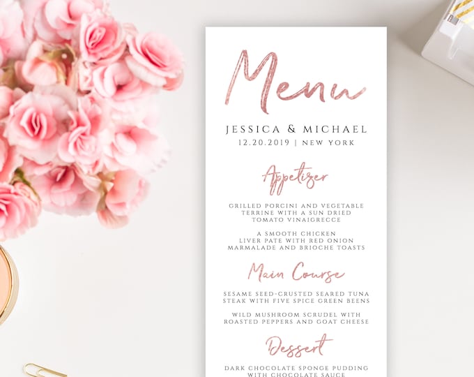 Rose Gold Wedding Menu Template Printable Flat Long Menu Template Printable Editable Wedding Menu Rose Gold PDF JPEG Instant Download M1