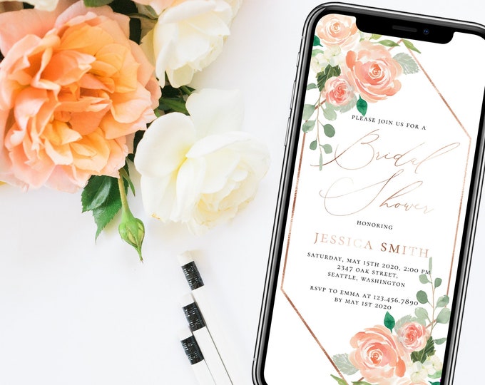 Peach Floral Electronic Bridal Shower Invitation | Editable Phone Evite Template | Templett Instant Download | Digital or Print Option | F1