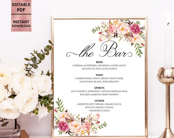 Bar Menu Sign The Bar Sign Bar Menu Printable Drinks Bar Menu Editable Drinks Sign Wedding Bar Menu PDF Template Digital Download