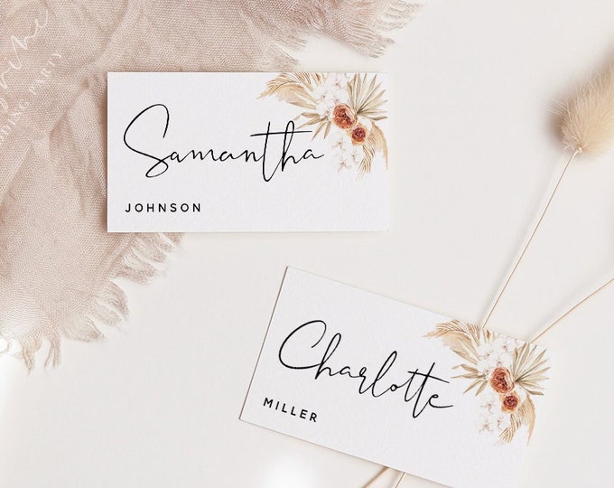 Pampas Terracotta Place Cards Template, Modern Boho Wedding, Terracotta Place Cards, Editable Template, Instant Download, T4