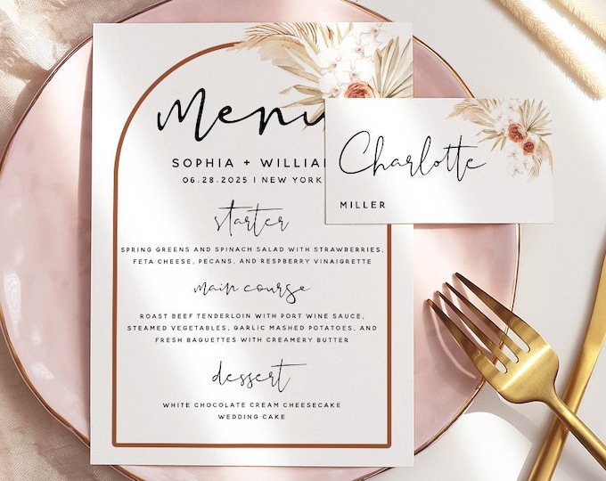 Pampas Terracotta Menu + Place Cards Template, Menu Bundle, Modern Boho Menu, Terracotta Menu, Editable Template, Instant Download, T4