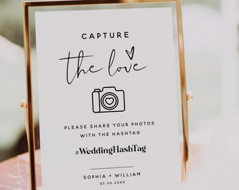 Minimalist Wedding Photo Sign, Capture the Love Sign, Modern Minimalist Wedding Hashtag Sign, Wedding Social Media Hashtag Sign, M8