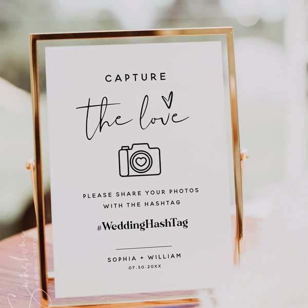 Minimalist Wedding Photo Sign, Capture the Love Sign, Modern Minimalist Wedding Hashtag Sign, Wedding Social Media Hashtag Sign, M8