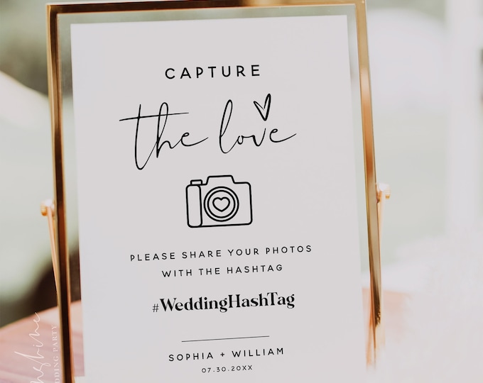 Minimalist Wedding Photo Sign, Capture the Love Sign, Modern Minimalist Wedding Hashtag Sign, Wedding Social Media Hashtag Sign, M8