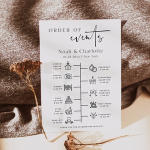 Carte d'événements de mariage minimaliste, mariage moderne, ordre des événements, modèle d'itinéraire de mariage, carte chronologie de mariage, programme de mariage, M15
