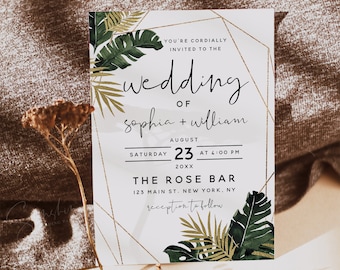 Tropical Greenery Wedding Invitation Card Template, Monstera Wedding, Printable Invitation, DIY Editable Template, Instant Download, TG1