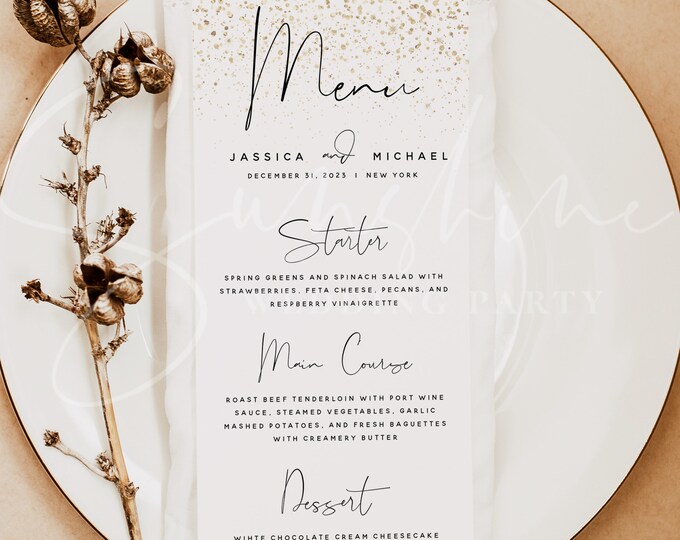 Gold Wedding Menu Template, Printable Modern Menu Template, Editable Flat Wedding Menu, Gold Menu Templett, Instant Download, Templett, M6