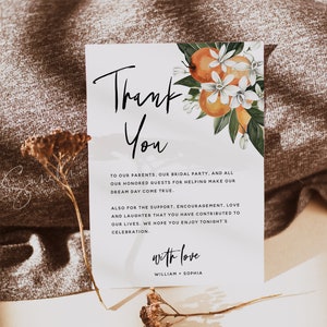 Plantilla de tarjeta de agradecimiento naranja, boda cítrica, carta de agradecimiento, notas de agradecimiento, tarjeta de agradecimiento, tarjeta de boda imprimible, plantilla editable, C2