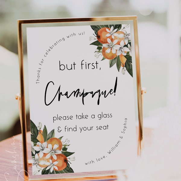 Orange Wedding Champagne Sign Template, Please Take a Glass Sign, Wedding Champagne Sign, But First Champagne Sign, DIY Editable Sign, C2