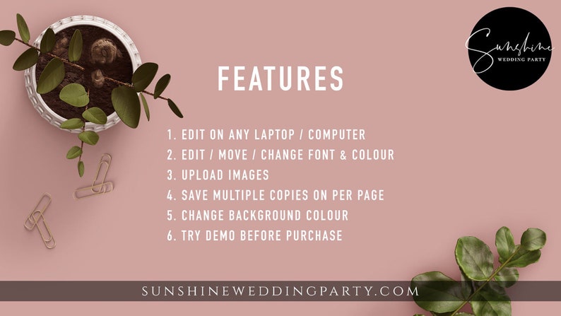 Puede incluir: Un fondo rosa con el texto "FEATURES" en blanco. Debajo del texto hay seis caracter&iacute;sticas numeradas para una plantilla de invitaci&oacute;n de boda digital: editar en cualquier computadora port&aacute;til o computadora, editar, mover o cambiar la fuente y el color, cargar im&aacute;genes, guardar varias copias por p&aacute;gina, cambiar el color de fondo y probar la demostraci&oacute;n antes de comprar. El texto "SUNSHINEWEDDINGPARTY.COM" est&aacute; en la parte inferior de la imagen. Un c&iacute;rculo negro con el texto "Sunshine WEDDING PARTY" en blanco est&aacute; en la esquina superior derecha de la imagen.