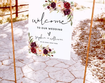 Marsala Wedding Welcome Sign Template, Welcome Sign for Wedding