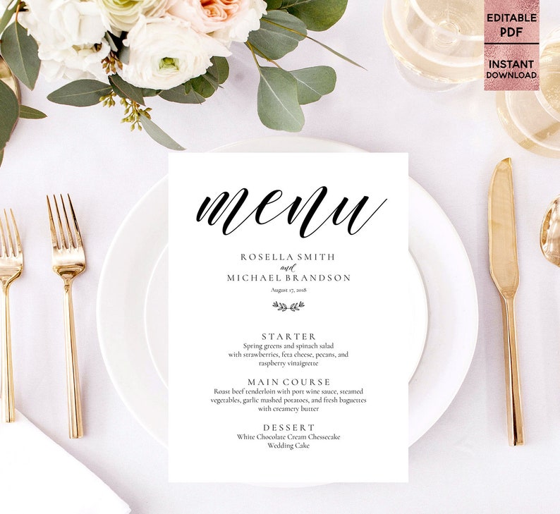Wedding Menu Template Printable Fashion Script Font Wedding Menu Template 5x7 Editable PDF Instant Download Digital Download
