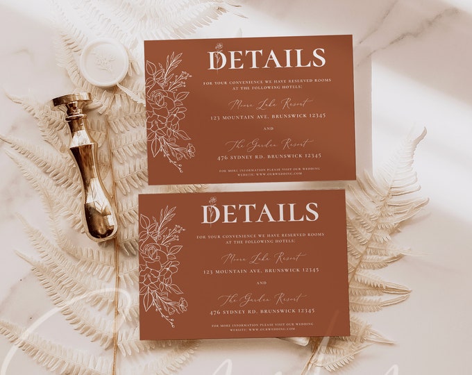 Terracotta Wedding Details Card Template, Terracotta Wedding Accommodations Card Template, Modern Terracotta, Instant Download, Templett, T3